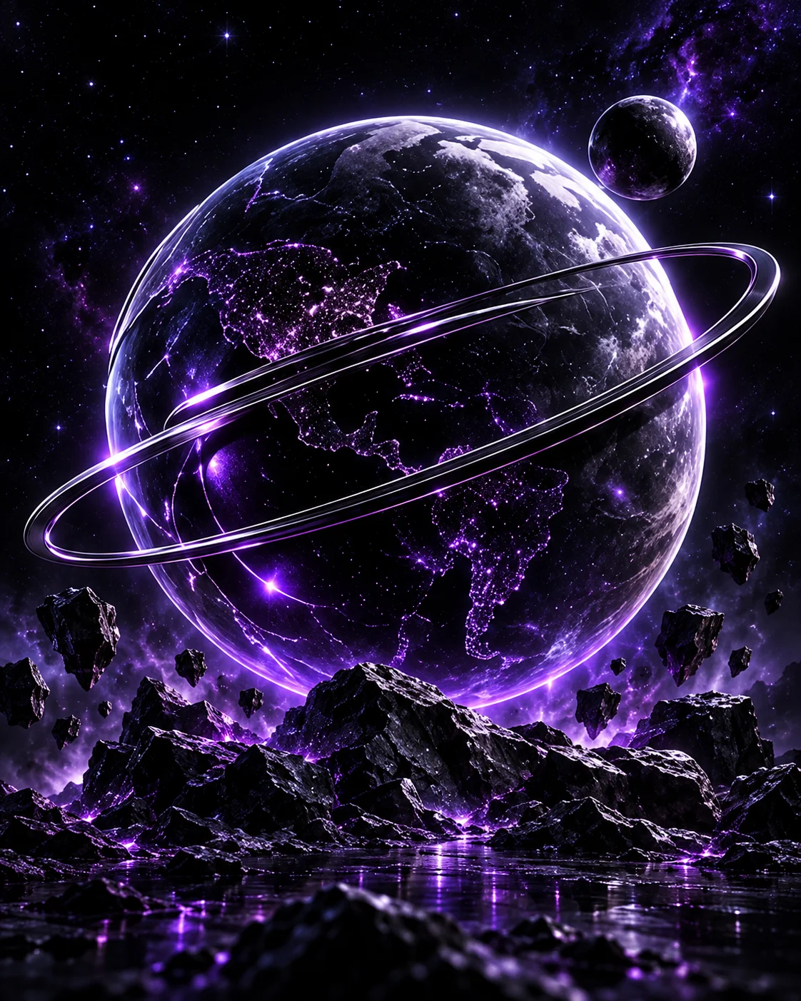 A violet planet encircled by chrome orbital rings, with a moon and floating rocks above a reflective landscape