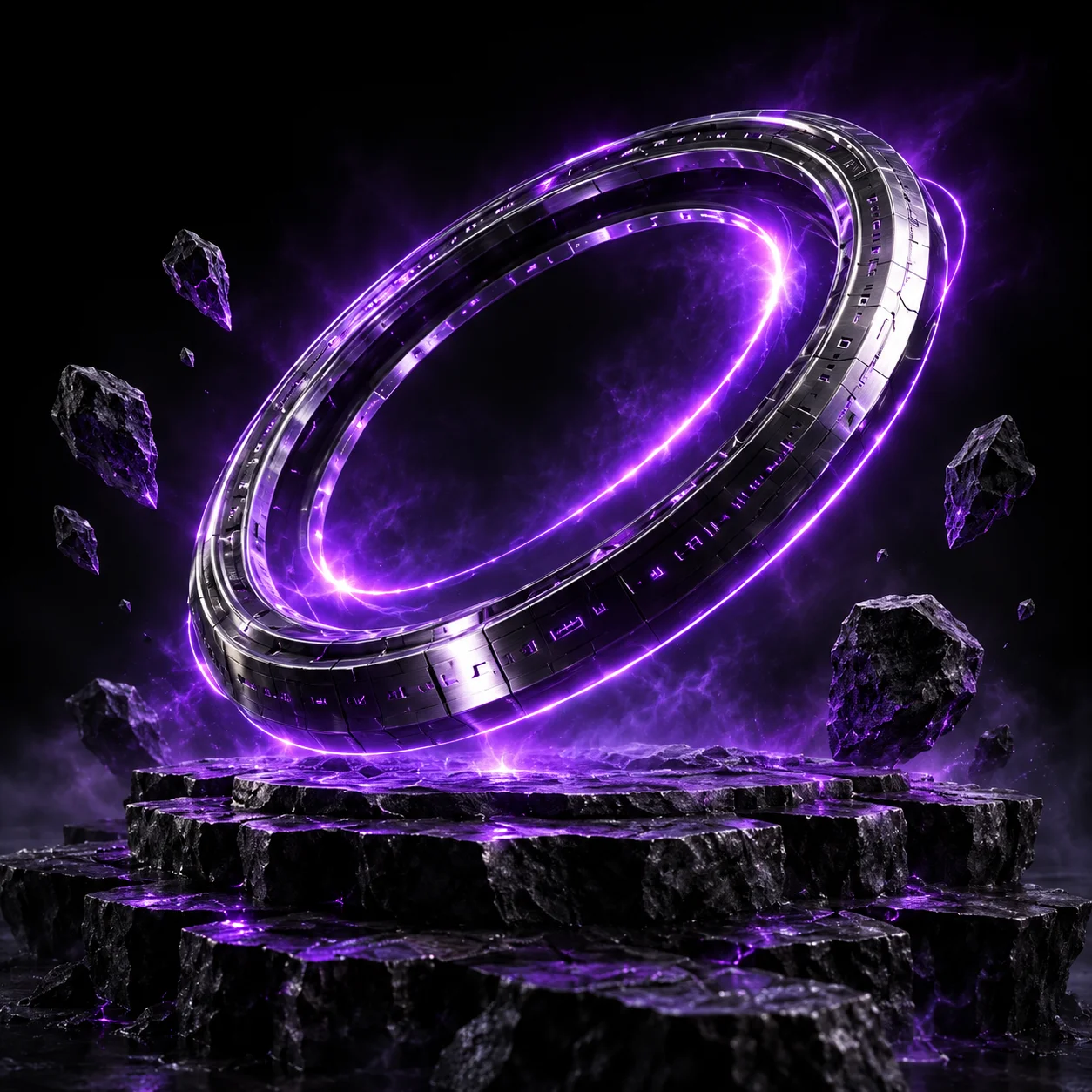 An engraved chrome ring charged with violet energy, floating above an obsidian pedestal